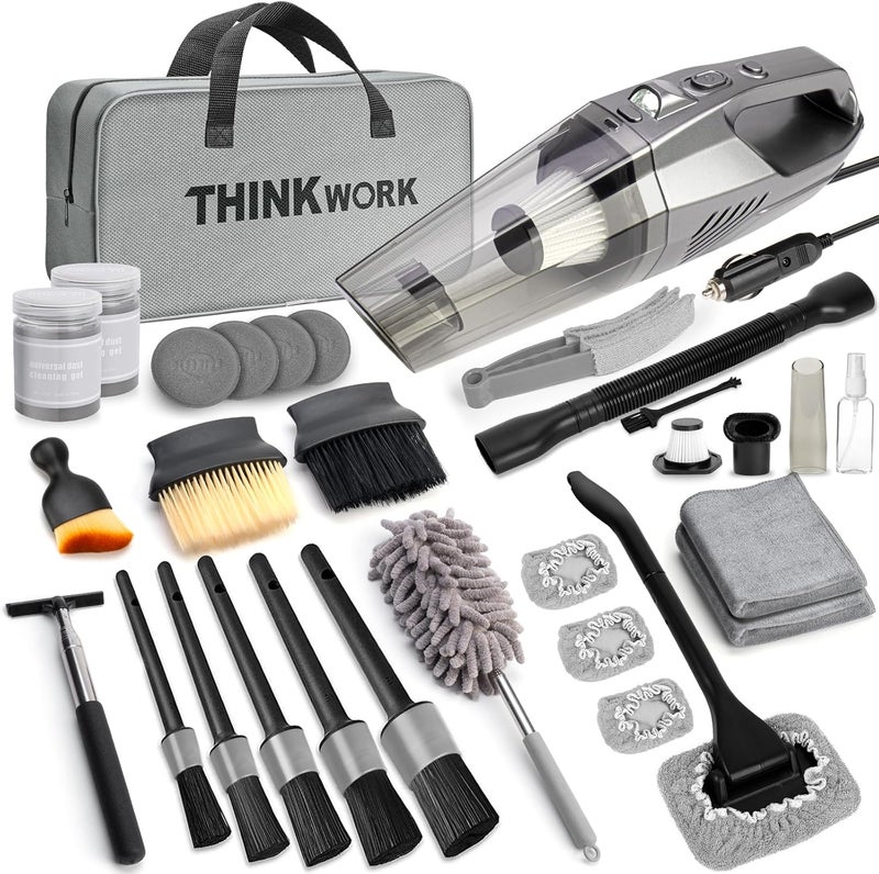 THINKWORK Car Cleaning Kit, Car Detailing Kit Interior Cleaner with High Power Handheld Vacuum, 10Pcs Detailing Brush and Storage Bag, Gray Auto Interior Cleaning Kit for Men - Image 1
